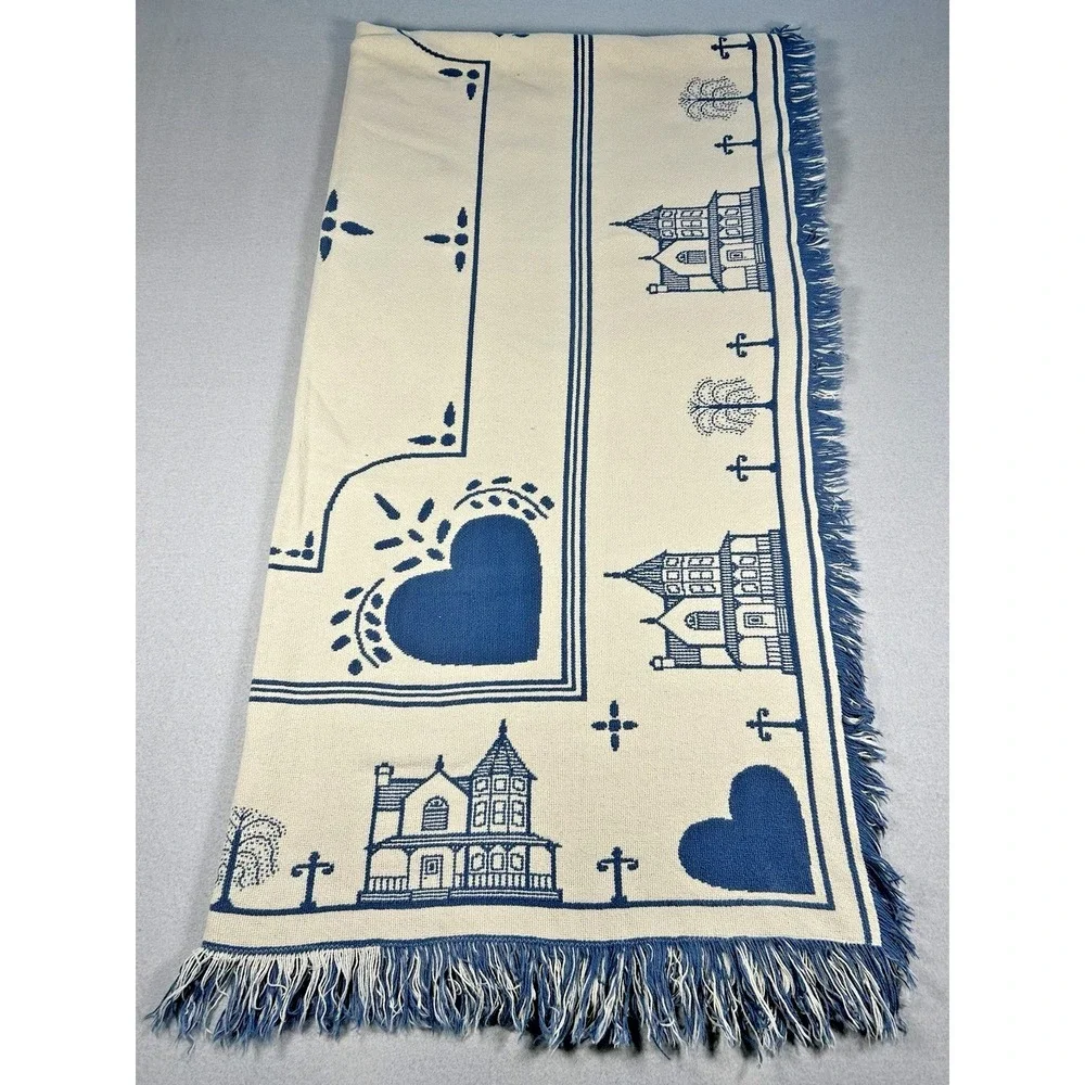 VTG Cottagecore Tapestry Throw Blanket Victorian Houses Hearts 90's 62